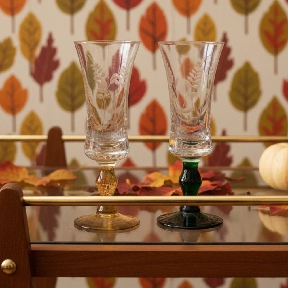 Etched Leaves Cordial Glasses, Set of 2, Vintage Green‎ & Yellow Stem Stemware